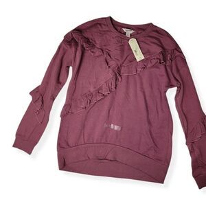 Arizona Jeans womans crew neck sweater with ruffles in Mulberry XS NWT